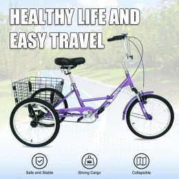 Adult Folding Tricycle ; Foldable 20 inch 3 Wheel Bikes; Single Speed Portable Cruiser Bicycles with Shopping Basket for Seniors; Women; Men - as pict