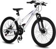 Elecony 24 inch Mountain Bike for Teenagers Girls Women; Shimano 21 Speeds Gear MTB with Dual Disc Brakes and 100mm Front Suspension; White/Pink - as