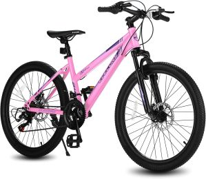 Elecony 26 inch Mountain Bike for Teenagers Girls Women; Shimano 21 Speeds Gear MTB with Dual Disc Brakes and 100mm Front Suspension; White/Pink - as