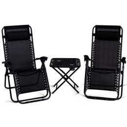 3PC Zero Gravity Reclining Lounge Chairs Pillows Table Portable Folding - Black - Steel ,textilene fabric