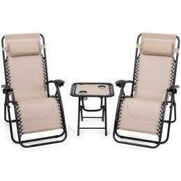 3PC Zero Gravity Reclining Lounge Chairs Pillows Table Portable Folding - Beige - Steel ,textilene fabric