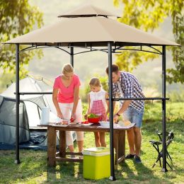 8' x 5' Outdoor Patio Barbecue Grill Gazebo w/ LED Lights 2-Tier Canopy Top Tan - Khaki - Iron+ Polyester