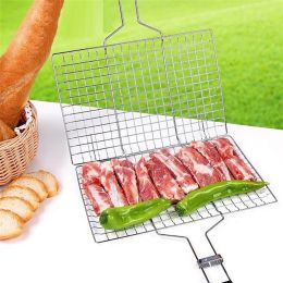 Iron Wire Barbecue Grilling Basket BBQ Net Wooden Handle Meat Fish Clip Holder  - 1