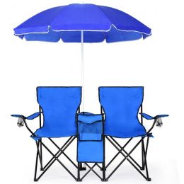 Portable Folding Picnic Double Chair With Umbrella - blue