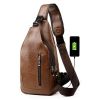 Men Chest Bag PU Leather Sling Fanny Pack Shoulder Backpack w USB Charging Port - Light Brown