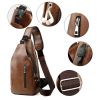 Men Chest Bag PU Leather Sling Fanny Pack Shoulder Backpack w USB Charging Port - Light Brown