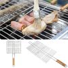 Iron Wire Barbecue Grilling Basket BBQ Net Wooden Handle Meat Fish Clip Holder  - 1