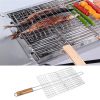 Iron Wire Barbecue Grilling Basket BBQ Net Wooden Handle Meat Fish Clip Holder  - 1